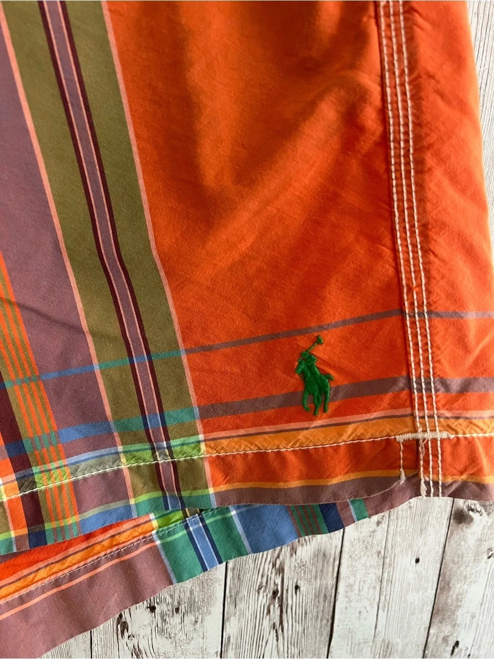 Polo by Ralph Lauren Orange Plaid Swim Shorts with Multicolor Stripes Large